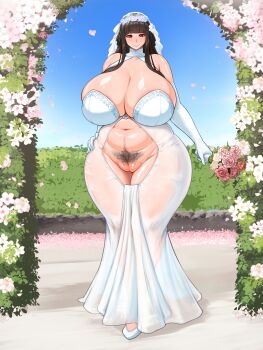 1girl arch belly black_hair blunt_bangs bouquet breasts cleavage clothing_cutout crotch_cutout dress elbow_gloves female_pubic_hair flower flower_arch flower_on_head gloves hand_on_own_hip happy_trail heart hedge high_heels holding holding_bouquet huge_breasts kunoichi_enrai lace lace-trimmed_dress lace_trim last_origin lips long_hair mature_female navel no_panties outdoors plump pubic_hair pussy red_eyes shoes sidelocks sky smile solo standing thick_thighs thighs tight_clothes tight_dress veil wedding wedding_arch wedding_dress wet_tea white_dress white_gloves white_shoes white_veil wide_hips