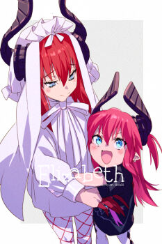 2girls black_shirt blue_eyes blush breasts character_name curled_horns dragon_horns dress echo_(circa) elizabeth_bathory_(avenger)_(fate) elizabeth_bathory_(fate) elizabeth_bathory_(perfect)_(fate) elizabeth_bathory_(perfect)_(first_ascension)_(fate) fate/grand_order fate_(series) fishnet_pantyhose fishnets hair_ribbon horns long_hair long_sleeves multiple_girls open_mouth pantyhose pink_hair pointy_ears red_hair ribbon shirt short_sleeves small_breasts smile thighhighs two_side_up veil white_dress white_thighhighs