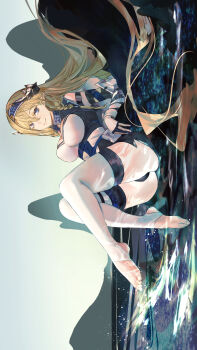 1girl absurdres arknights arm_strap arm_support ass black_panties black_skirt blonde_hair blue_eyes blue_hairband braid breasts closed_mouth detached_sleeves dragon_horns full_body hair_intakes hairband highres horns huibai_bri large_breasts long_hair long_sleeves miniskirt panties pointy_ears saileach_(arknights) shirt sideways sitting skirt smile soaking_feet solo stirrup_legwear thighhighs thighs toeless_legwear toes underwear very_long_hair white_shirt white_thighhighs
