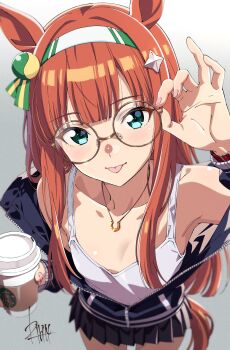 1girl animal_ears black_skirt blue_eyes blue_jacket blunt_bangs blush breasts collarbone cup disposable_coffee_cup disposable_cup ear_covers glasses green_eyes hair_ornament hairband highres hime_cut holding holding_cup horse_ears horse_girl horse_tail jacket jewelry kibidango_14-gou long_hair long_sleeves looking_at_viewer necklace open_clothes open_jacket orange_hair orange_tail pleated_skirt round_eyewear silence_suzuka_(umamusume) skirt small_breasts smile solo star_(symbol) star_hair_ornament tail tank_top tongue tongue_out umamusume white_hairband white_tank_top