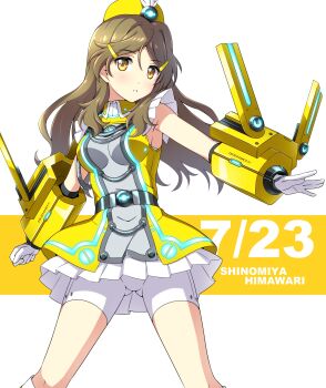 Rule 34 | 1girl, absurdres, bike shorts, brown hair, commentary request, dated, dress, feet out of frame, hair ornament, hairclip, hat feather, highres, long hair, machinery, multicolored dress, nonbe, palette suit, parted lips, shinomiya himawari, shorts, shorts under dress, solo, vividred operation, white shorts, yellow dress, yellow eyes, yellow headwear