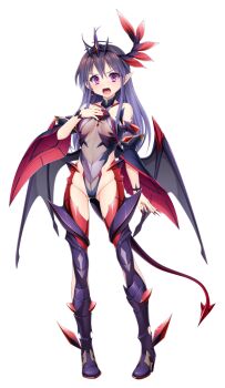 1girl aikawa_haruno bare_shoulders blush boots breasts corruption covered_navel dark_exs-tia_inferno dark_persona demon_girl demon_horns demon_tail demon_wings detached_sleeves earrings fang feathers full_body game_cg gluteal_fold hair_ornament hand_on_own_chest high_heels highleg highleg_leotard highres horns jewelry kamitsurugi_ouka kouyoku_senki_exs-tia_concert large_variant_set leotard long_hair looking_at_viewer low_wings nail_polish navel non-web_source official_art open_mouth pointy_ears purple_eyes purple_hair see-through_clothes single_horn small_breasts solo standing tachi-e tail thigh_boots thighhighs transparent_background variant_set wings