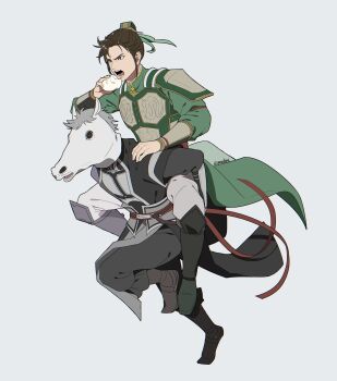 2boys absurdres armor black_boots black_coat black_pants boots breastplate brown_hair carrying chinese_armor chinese_clothes chinese_hairpin coat food full_body furrowed_brow green_ribbon green_robe grey_background hair_bun hair_ribbon hand_on_another&#039;s_shoulder highres holding holding_food horse_mask igusaharu knee_pads liu_bei_(shin_sangoku_musou) male_focus mask multiple_boys open_mouth panties pants piggyback ribbon robe shin_sangoku_musou shin_sangoku_musou_origins shoulder_armor steamed_bun twitter_username underwear updo white_panties ziluan_(shin_sangoku_musou)