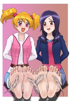 Rule 34 | 2girls, :d, arms behind back, barefoot, belt, blonde hair, blue jacket, blue shorts, blue skirt, blush, border, brown background, brown belt, collarbone, collared vest, commentary, commission, denim, denim shorts, feathers, feet, flickmann ss, foot focus, fresh precure!, furrowed brow, gradient background, hair between eyes, hair ornament, hair scrunchie, higashi setsuna, highres, jacket, lapels, long hair, long sleeves, looking at viewer, looking down, medium hair, miniskirt, momozono love, multiple girls, on floor, open clothes, open jacket, open mouth, open vest, outstretched legs, parted bangs, pink background, pink eyes, pink scrunchie, pink vest, pixiv commission, precure, red eyes, red shirt, scrunchie, shirt, shorts, sitting, skirt, smile, soles, tickling, tickling feet, toes, trembling, twintails, two-tone background, vest, white border, white feathers, white shirt