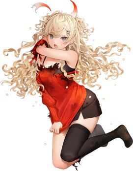 1girl asymmetrical_legwear bad_link black_skirt black_thighhighs blonde_hair burnt_clothes clothes_tug detached_horns full_body grey_eyes horns hoshiakari_(c2_kikan) kantai_collection looking_at_viewer minneapolis_(kancolle) minneapolis_(setsubun)_(kancolle) off-shoulder_sweater off_shoulder official_art red_sweater skirt smile solo standing sweater sweater_tug thighhighs torn_clothes transparent_background two_side_up uneven_legwear wavy_hair