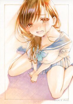 1girl absurdres blue_bow blue_bowtie blue_sailor_collar blush bow bowtie breasts brown_eyes brown_hair cleavage commentary_request crying crying_with_eyes_open dai_dai_da fang foot_out_of_frame from_above grey_skirt grey_socks highres large_breasts long_hair looking_at_viewer looking_up marker_(medium) miniskirt nose_blush open_mouth original parted_bangs pleated_skirt raised_inner_eyebrows sailor_collar school_uniform serafuku shirt short_sleeves sitting skin_fang skirt socks solo spread_legs streaming_tears swept_bangs tears traditional_media wariza white_background white_shirt