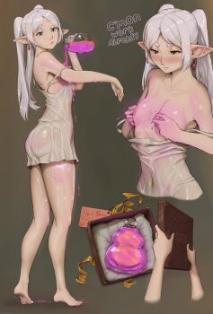 1girl absurdres angeltights ass bare_legs barefoot blush breasts earrings female_focus frieren full_body green_eyes highres jewelry long_hair looking_down pointy_ears potion short_eyebrows simple_background small_breasts solo sousou_no_frieren topless_female twintails wet wet_clothes white_hair