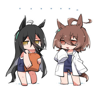 ... 2girls agnes_tachyon_(umamusume) animal_ears barefoot beer_hsk black_hair blue_one-piece_swimsuit brown_eyes brown_hair chibi hair_between_eyes holding horse_ears horse_girl horse_tail kickboard lab_coat long_hair long_sleeves manhattan_cafe_(umamusume) multiple_girls one-piece_swimsuit open_clothes red_eyes simple_background sleeves_past_fingers sleeves_past_wrists standing swimsuit swimsuit_under_clothes tail umamusume very_long_hair white_background