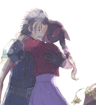 1boy 1girl aerith_gainsborough appleajyuxxxx armor arms_around_neck battle_damage belt belt_buckle black_gloves black_hair braid braided_ponytail brown_hair bruise bruise_on_face buckle closed_eyes couple crisis_core_final_fantasy_vii dress final_fantasy final_fantasy_vii final_fantasy_vii_remake flower flower_basket gloves hair_ribbon hand_on_another&#039;s_back hug injury jacket light_particles long_hair multiple_belts open_mouth pink_dress pink_hair ponytail red_jacket ribbed_sweater ribbon short_sleeves shoulder_armor sleeveless sleeveless_turtleneck spiked_hair suspenders sweater turtleneck turtleneck_sweater upper_body white_background yellow_flower zack_fair