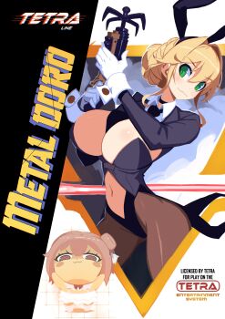 2girls :3 absurdres ade_(agent_bunny)_(nikke) ade_(nikke) animal_ears between_breasts black_leotard black_necktie blonde_hair blush braid breasts bun_with_braided_base cleavage commission cover doro_(nikke) fake_animal_ears flower-shaped_hair gloves goddess_of_victory:_nikke grappling_hook green_eyes hair_bun hair_ornament highres julianvanist large_breasts leotard long_hair looking_at_viewer medium_sidelocks metal_gear_(series) metal_gear_1 multiple_girls necktie official_alternate_costume pantyhose parody pink_hair playboy_bunny purple_eyes rabbit_ears smile undersized_breast_cup very_long_hair video_game_cover