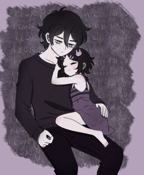 1boy 1girl age_difference aged_down alessiaara andrew_graves ashley_graves bare_shoulders black_hair black_pants black_sweater blush brother_and_sister closed_eyes dress english_text green_eyes highres pants purple_dress short_hair siblings sleeping sweater text_background the_coffin_of_andy_and_leyley