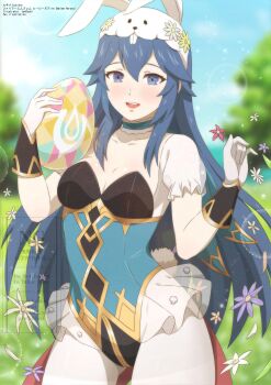 1girl absurdres animal_ears blue_eyes blue_hair blush brand_of_the_exalt breasts cleavage easter easter_egg egg fake_animal_ears fire_emblem fire_emblem_awakening fire_emblem_heroes gloves highres holding holding_egg long_hair looking_at_viewer lucina_(fire_emblem) lucina_(spring_exalt)_(fire_emblem) medium_breasts nintendo official_alternate_costume open_mouth pantyhose playboy_bunny rabbit_ears rabbit_tail smile solo tail tak0baka white_pantyhose