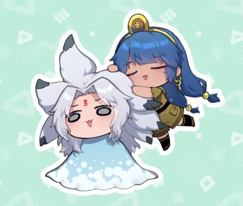 Rule 34 | 2girls, :3, black socks, blue hair, blue skirt, blush, brown shirt, brown shorts, chibi, commentary, earrings, extra ears, facial mark, forehead mark, gold tiara, grey eyes, grey hair, hands on another's ears, houjuu chimi, jewelry, long hair, mark under both eyes, michigami nareko, multiple girls, open mouth, shirt, short sleeves, shorts, skirt, smile, socks, touhou, unime seaflower