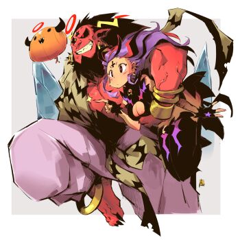 +_+ 1boy 1girl andrewcockroach anklet barefoot beard black_eyes black_gloves black_hair black_nails black_sclera black_shirt black_thighhighs bracelet breasts carrying carrying_person carrying_under_arm cleavage_cutout clothing_cutout colored_sclera colored_skin cross ear_piercing earrings facial_hair facial_mark forehead_mark gloves grey_background grin halo heterochromia highres inverted_cross jewelry jumping long_hair long_toenails medium_breasts muscular muscular_male nail_polish original pants piercing pointing pointy_ears purple_hair red_eyes red_pupils red_skin sharp_toenails shirt sleeveless sleeveless_shirt smile sparkle star_(symbol) star_print thighhighs toenail_polish toenails veins yellow_eyes