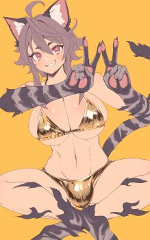 1girl animal_ears bikini breasts brown_hair cat_ears cat_girl cat_tail commentary_request double_v futanari gold_bikini grey_fur grin hair_between_eyes highres indian_style large_breasts looking_at_viewer medium_hair navel orange_background original red_eyes sidelocks simple_background sitting smile solo stomach swimsuit tail v yagatake_arashi_(nekoarashi) yana_(nekoarashi)