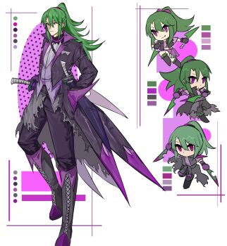 Rule 34 | 1girl, androgynous, belt, black belt, black jacket, black pants, black skirt, boots, chibi, chibi inset, chinese commentary, closed mouth, color guide, commentary request, crossdressing, crossdressing (ftm), fang, green hair, grey boots, hair tie, halftone, halftone background, hand in pocket, high ponytail, highres, holding, holding knife, holding weapon, jacket, jiuyezi447, knee boots, knees apart feet together, knife, lace-up boots, long hair, long skirt, long sleeves, looking ahead, open clothes, open jacket, pants, personification, plants vs. zombies, plants vs. zombies 2, pokra (plants vs. zombies), ponytail, purple background, purple eyes, purple vest, reverse trap, shirt, simple background, skirt, smile, solo, standing, torn clothes, torn skirt, vest, weapon, white background, white shirt