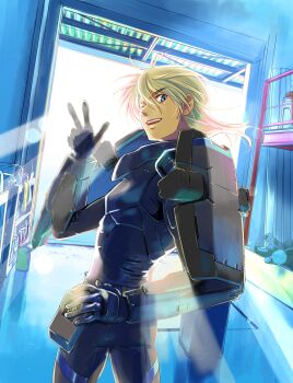 Rule 34 | 1boy, absurdres, armor, black gloves, blonde hair, blue eyes, cosplay, fantasia re:build, from behind, full metal panic!, gloves, hair behind ear, hand on own hip, highres, kurz weber, lens flare, looking at viewer, looking back, m9 gernsback, m9 gernsback (cosplay), male focus, mecha danshi, official art, power armor, solo, sunlight, v, v-shaped eyebrows