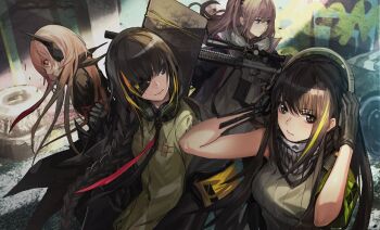 Rule 34 | 4girls, anti-rain (girls' frontline), black gloves, girls' frontline, gloves, gun, holding, holding gun, holding weapon, infukun, long hair, m16a1 (girls' frontline), m4 sopmod ii (girls' frontline), m4a1 (girls' frontline), multicolored hair, multiple girls, official art, pink hair, red eyes, shirt, st ar-15 (girls' frontline), upper body, weapon, yellow shirt