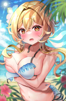 Rule 34 | 1girl, absurdres, beach, bikini, blonde hair, blue bikini, blue sky, blurry, blurry foreground, blush, breasts, commentary request, covering one breast, covering privates, day, frilled bikini, frills, genshin impact, highres, koharutoki02, large breasts, looking at viewer, lumine (genshin impact), navel, open mouth, orange eyes, outdoors, short hair, sidelocks, sky, solo, swimsuit, upper body, wardrobe malfunction