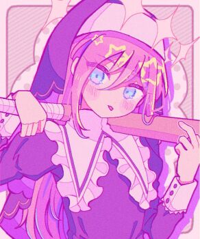 Rule 34 | 1girl, alternate costume, aubrey (faraway) (omori), aubrey (omori), baseball bat, blue eyes, blush, closed mouth, commentary, commentary request, double-parted bangs, hair between eyes, hashtag-only commentary, holding, holding baseball bat, long hair, long sleeves, looking at viewer, nun, omori, pink hair, solo, symbol-only commentary, tongue, tongue out, traditional nun, upper body, yo (wetpotatosunsun)