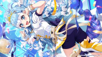 Rule 34 | 1girl, :d, absurdres, balloon, black shorts, blue eyes, blue hair, blue sky, bow, braid, cloud, colored tips, commentary request, concert, confetti, copyright notice, corset, day, dress, gold tiara, hair ornament, half up braid, hands up, headset, high heels, highres, hololive, hololive dreams, hololive indonesia, kobo kanaeru, long hair, looking at viewer, multicolored hair, official alternate costume, official art, open mouth, puffy short sleeves, puffy sleeves, short sleeves, shorts, shorts under dress, sky, smile, solo, star (symbol), star hair ornament, two-tone hair, virtual youtuber, wavy hair, white dress, white hair, wrist cuffs