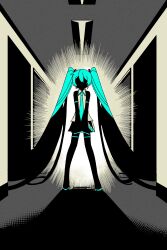 Rule 34 | 1girl, absurdly long hair, absurdres, aqua hair, aqua necktie, backlighting, bare shoulders, boots, ceiling light, collared shirt, commentary, detached sleeves, facing viewer, full body, hair ornament, halftone, hatsune miku, highres, indoors, legs apart, limited palette, long hair, machigami yoh, miniskirt, necktie, shadow, shirt, skirt, sleeveless, sleeveless shirt, solo, standing, symbol-only commentary, thigh boots, twintails, v arms, very long hair, vocaloid