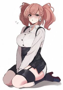 1girl atlanta_(kancolle) black_boots boots breasts brown_hair collared_shirt dress_shirt earrings grey_eyes high-waist_skirt jewelry kantai_collection large_breasts long_hair long_sleeves looking_at_viewer neju seiza shirt simple_background single_earring sitting skirt solo star_(symbol) star_earrings striped_clothes striped_shirt suspender_skirt suspenders two_side_up white_background white_shirt