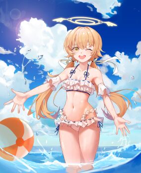1girl ;d absurdres ball bare_shoulders beachball bikini blue_archive blue_sky blush breasts brown_hair cloud collarbone commentary cowboy_shot cumulonimbus_cloud day frilled_bikini frills hair_ornament hair_ribbon halo halterneck happy hifumi_(blue_archive) hifumi_(swimsuit)_(blue_archive) highres juice_gukbap lens_flare long_hair looking_at_viewer low_twintails navel ocean official_alternate_costume one_eye_closed open_mouth outdoors outstretched_hand ribbon ribbon-trimmed_bikini ribbon_trim round_teeth ruffle_bikini shiny_skin sky small_breasts smile solo stomach swimsuit teeth thighs twintails upper_teeth_only very_long_hair wading water white_bikini white_ribbon wing_hair_ornament winged_halo yellow_eyes yellow_halo