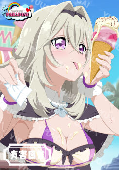 Rule 34 | 1girl, armpits, bikini, black capelet, blonde hair, blue sky, breasts, capelet, cream, cream on breasts, cream on face, day, food, food on face, frilled capelet, frills, fuchi (nightmare), hair intakes, highres, holding, holding ice cream cone, holding tissue, ice cream cone, long hair, medium breasts, meitantei precure!, moria luluka, outdoors, precure, purple eyes, sky, solo, swimsuit, tissue, upper body, watermark, wrist cuffs
