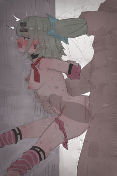 Rule 34 | 1boy, 1girl, arm held back, ass ripple, black choker, blush, bouncing breasts, breasts, choker, cross, cross earrings, earrings, elbow gloves, gloves, grabbing another's hair, green hair, hair ornament, hairclip, hetero, holding another's hair, jewelry, matutake (matutake yk0), medium breasts, necktie, nipples, nude, open mouth, panties, panties around leg, penis, pink gloves, pink panties, pink socks, red necktie, sex, sex from behind, socks, solo focus, standing, standing sex, striped clothes, striped socks, sunna (zenless zone zero), sweat, tears, trembling, twintails, underwear, vaginal, x-ray, zenless zone zero