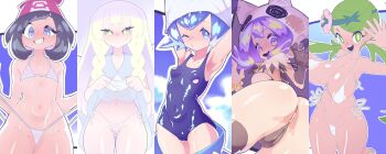 Rule 34 | 5girls, acerola (pokemon), anus, areola slip, armpits, ass, ass focus, barefoot, bead bracelet, beads, bikini, bikini bottom lift, black bikini, black hair, black thighhighs, blonde hair, blue eyes, blue hair, blue one-piece swimsuit, blue pants, blush, bouncing breasts, bracelet, braid, breasts, cameltoe, claw pose, cleavage, closed mouth, clothes lift, cosplay, covered erect nipples, covered navel, dark-skinned female, dark skin, dress, dress lift, embarrassed, eyebrows hidden by hair, flashing, flat chest, flower, from behind, from below, from side, frontal wedgie, gen 7 pokemon, gluteal fold, green eyes, green hair, groin, hair flower, hair ornament, hat, highres, jewelry, jumping, kaikoinu, large breasts, large hat, lillie (pokemon), long hair, looking at viewer, looking back, looking down, mallow (pokemon), medium hair, micro bikini, micro panties, mimikyu, mimikyu (cosplay), multiple girls, navel, nintendo, nipples, ocean, one-piece swimsuit, one eye closed, open mouth, panties, pants, pantyshot, partially visible vulva, pokemon, pokemon sm, purple eyes, purple hair, red hat, school swimsuit, see-through bikini, see-through clothes, selene (pokemon), self wedgie, shirt, short hair, skindentation, small breasts, smile, smug, soles, standing, standing on one leg, stomach, sweatdrop, swimsuit, tan, teeth, thighhighs, toes, twin braids, twintails, underwear, undressing, upper teeth only, wedgie, wet bikini, white bikini, white dress, white hat, white panties, white shirt