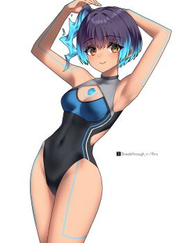 1girl absurdres armpits arms_up artist_name black_hair black_one-piece_swimsuit blue_hair body_markings breasts brown_eyes chest_jewel closed_mouth clothing_cutout commentary_request completion_time covered_navel cowboy_shot fiery_hair gradient_hair highres looking_at_viewer multicolored_hair one-piece_swimsuit riro_(breakthrough_rr) sena_(xenoblade) short_hair side_ponytail simple_background small_breasts smile solo swimsuit tan twitter_x_logo tying_hair white_background xenoblade_chronicles_(series) xenoblade_chronicles_3