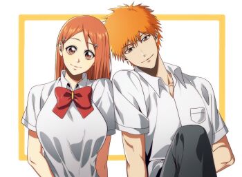 Rule 34 | 1boy, 1girl, bleach, bow, breasts, brown eyes, closed mouth, collared shirt, commentary request, hair between eyes, hair ornament, head tilt, heads together, highres, inoue orihime, karakura high school uniform, korean commentary, kurosaki ichigo, large breasts, leaning on person, long hair, looking at viewer, n (nauki 11), orange hair, parted bangs, red bow, school uniform, shirt, short hair, short sleeves, side-by-side, simple background, smile, spiked hair, star (symbol), star hair ornament, straight hair, tareme, tsurime, upper body, white background, white shirt, wide-eyed
