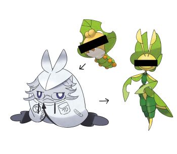 ac_warlock aotsuki_eito arrow_(symbol) bar_censor breast_pocket bright_pupils censored evolutionary_line gen_5_pokemon glasses highres jacket leavanny nintendo no_humans pocket pokemon pokemon_(creature) pokemon_focus purple_eyes sewaddle simple_background swadloon the_hundred_line_-last_defense_academy- white_background white_pupils