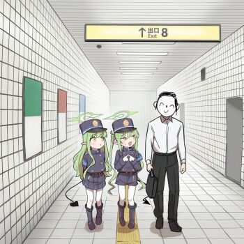 1boy 2girls :d ^_^ bag black_boots black_hat black_jacket black_pants black_shorts black_skirt blue_archive boots buttons closed_eyes collared_shirt commentary_request demon_tail doodle_sensei_(blue_archive) double-breasted fang full_body green_hair hallway hat highres hikari_(blue_archive) holding holding_bag indoors jacket lativi_(ltv60) long_hair miniskirt multiple_girls nozomi_(blue_archive) open_mouth pants pantyhose pantyhose_under_shorts parody pleated_skirt pointy_ears sensei_(blue_archive) shirt short_shorts shorts siblings sisters skin_fang skirt smile tail the_exit_8 train_conductor twins twintails white_pantyhose white_shirt yellow_eyes