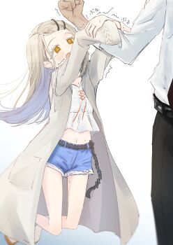 Rule 34 | 1boy, 1girl, @ @, absurdres, arm hug, blonde hair, coat, commentary request, flat chest, gakuen idolmaster, highres, idolmaster, lifting person, long hair, navel, open clothes, open coat, orange eyes, producer (idolmaster), shinosawa hiro, short shorts, shorts, solo focus, yrouumkinnoaw