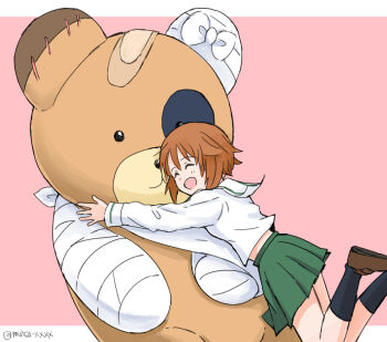 1girl bear boko_(girls_und_panzer) brown_hair closed_eyes girls_und_panzer green_skirt happy hug mutsu_(layergreen) nishizumi_miho ooarai_school_uniform open_mouth pink_background school_uniform shirt shoes short_hair simple_background skirt socks standing white_shirt