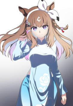 1girl almond_eye_(umamusume) alternate_costume animal_ears ao_dai blue_dress blue_eyes braid breasts brown_hair commentary dress floral_print floral_print_dress gradient_background grey_background hairband highres horse_ears horse_girl large_breasts looking_at_viewer medium_hair munmunmu print_dress single_braid solo umamusume white_hairband