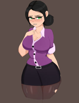 1girl black_hair black_skirt breasts cleavage g3mma glasses green_eyes large_breasts miniskirt miss_pauling pantyhose pencil_skirt purple_shirt shirt skirt solo team_fortress_2