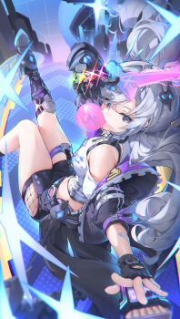1girl absurdres bare_shoulders black_gloves black_shorts blowing_bubble_gum chewing_gum commentary_request drill_hair drill_ponytail eyewear_on_head fingerless_gloves gloves gradient-tinted_eyewear grey_eyes grey_hair hair_between_eyes highres honkai:_star_rail honkai_(series) jacket long_hair looking_at_viewer mechanical_tail norimori open_clothes open_jacket purple-tinted_eyewear shorts silver_wolf_(honkai:_star_rail) silver_wolf_(lv.999)_(honkai:_star_rail) single_fingerless_glove single_mechanical_glove solo tail tinted_eyewear