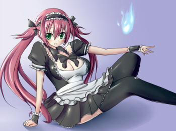 Rule 34 | airi (queen's blade), breasts, cleavage, green eyes, long hair, maid, maid headdress, mitsuru (madeinore), queen's blade, red hair, ribbon, thighhighs, twintails