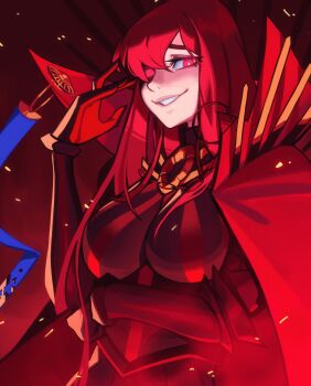 1girl absurdres arm_under_breasts black_bodysuit bodysuit breasts cape collared_cape commentary embers english_commentary fate/grand_order fate_(series) gloves glowing glowing_eyes grin hand_up high_collar highres long_hair looking_at_viewer medium_breasts oda_nobunaga_(fate) oda_nobunaga_(maou_avenger)_(fate) one_eye_in_shadow popped_collar qtori red_cape red_eyes red_hair red_theme smile solo