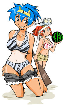 2girls amu_ru animal animal_ear_hairband animal_ears animal_on_head animal_print aqua_hair arms_behind_back bare_arms bare_legs bare_shoulders barefoot benga_ru bikini bikini_top_only black_outline black_tail blunt_ends blunt_sidelocks brown_eyes brown_shorts closed_mouth collarbone colored_sclera cub fake_animal_ears food fruit full_body fur-trimmed_shorts fur_trim grey_bikini grey_fur grey_tail hachimaki hairband half_updo halterneck headband headband_pull high_ponytail holding holding_food holding_fruit holding_paddle holding_watermelon kneeling legs_apart legs_together looking_at_viewer micro_shorts mukku_(mook-tv) multiple_girls narrow_waist navel no_pupils official_art on_head outline paddle paw_print ponytail red_hair sand second-party_source shiro_kotora short_hair short_shorts shorts siblings sidelocks simple_background sisters skinny smile straight_hair string_bikini striped_fur striped_tail suikawari swimsuit tail tan tanline teeth tiger tiger_ears tiger_print toes tora_da_yo. toranoana unworn_clothes watermelon white_background white_bikini white_headband white_tiger_print yellow_hairband yellow_sclera zipper