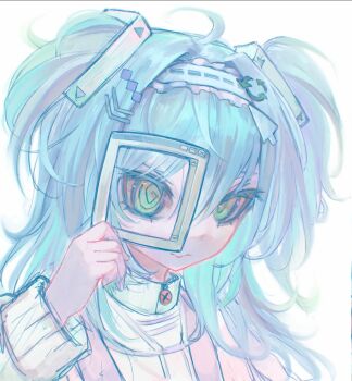 1girl @_@ ahoge arrow_(symbol) blue_hair closed_mouth commentary cursor_hair_ornament green_eyes hair_between_eyes hair_ornament highres holding long_hair long_sleeves looking_at_viewer mdm4 original portrait recycling_symbol simple_background solo symbol-only_commentary two_side_up white_background window_(computing)