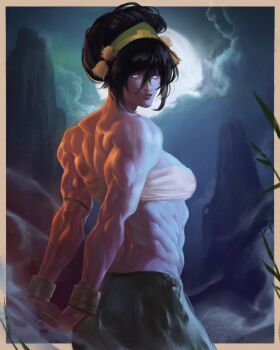 1girl abs absurdres armlet arms_behind_back avatar:_aang_the_last_airbender avatar_legends back_muscles bandeau biceps black_hair blind border bracelet breasts caio_santos commentary english_commentary full_moon green_pants hair_bun highres jewelry looking_at_viewer looking_back moon muscular muscular_female night outside_border own_hands_together pants rock single_hair_bun solo toph_beifong white_border