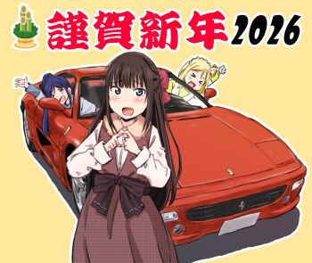2026 3girls birthday black_hair blonde_hair blue_hair blush car commentary_request green_eyes happy_new_year highres kurosawa_dia looking_at_another looking_at_viewer love_live! love_live!_sunshine!! maruyo matsuura_kanan mole mole_under_mouth motor_vehicle multiple_girls new_year ohara_mari purple_eyes yellow_background