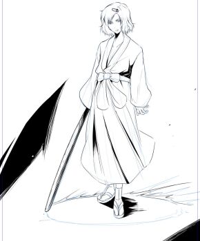 1boy androgynous bibi_(coffe) full_body greyscale hair_ornament hakama holding japanese_clothes kimono long_sleeves looking_at_viewer miko monochrome sandals sash science_adventure serious short_hair skull_hair_ornament socks solo steins;gate urushibara_luka waist_sash white_socks