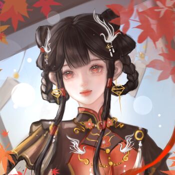 Rule 34 | 1girl, absurdres, autumn leaves, bird hair ornament, black dress, black hair, blue sky, blunt bangs, bow-shaped hair, braid, braided hair rings, bright pupils, brown eyes, chinese clothes, chinese commentary, closed mouth, collared dress, commentary request, day, double bun, dress, earrings, expressionless, eyelashes, flower, gold earrings, hair bun, hair ornament, hair rings, hair tubes, hairclip, highres, infinity nikki, jewelry, layered sleeves, leaf, light particles, lipstick, long sidelocks, long sleeves, looking at viewer, makeup, mandarin collar, maple leaf, nikki (series), outdoors, procreate (medium), red flower, red lips, red tabard, short hair with long locks, short over long sleeves, short sleeves, sidelocks, sky, solo, song beyond (infinity nikki), tabard, tassel, wind chime, yichengqiangtangde