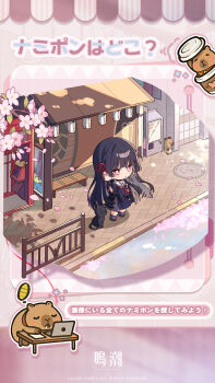 1girl alternate_language black_cat black_hair black_jacket black_serafuku black_shirt black_skirt cat chibi chibi_only chisa_(wuthering_waves) commentary_request hair_ribbon hand_up highres jacket logo long_hair looking_at_viewer mole mole_under_eye namipon_(wuthering_waves) neckerchief official_art parted_lips red_eyes red_neckerchief red_ribbon ribbon sailor_collar school_uniform serafuku shirt skirt solo standing translation_request very_long_hair white_sailor_collar wind wuthering_waves