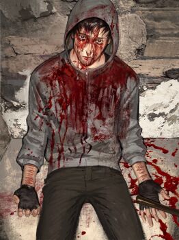 1boy absurdres against_wall bags_under_eyes beard_stubble black_gloves black_hair black_pants black_shirt blood blood_on_clothes blood_on_face blood_on_mouth cry_of_fear facial_hair fingerless_gloves gloves grey_hoodie highres holding holding_weapon hood hood_up hoodie implied_self-harm leukocoria looking_at_viewer male_focus on_floor outstretched_arms pants red_eyes shirt simon_henriksson solo stone_wall stubble upper_body weapon wrist_cutting xfgs